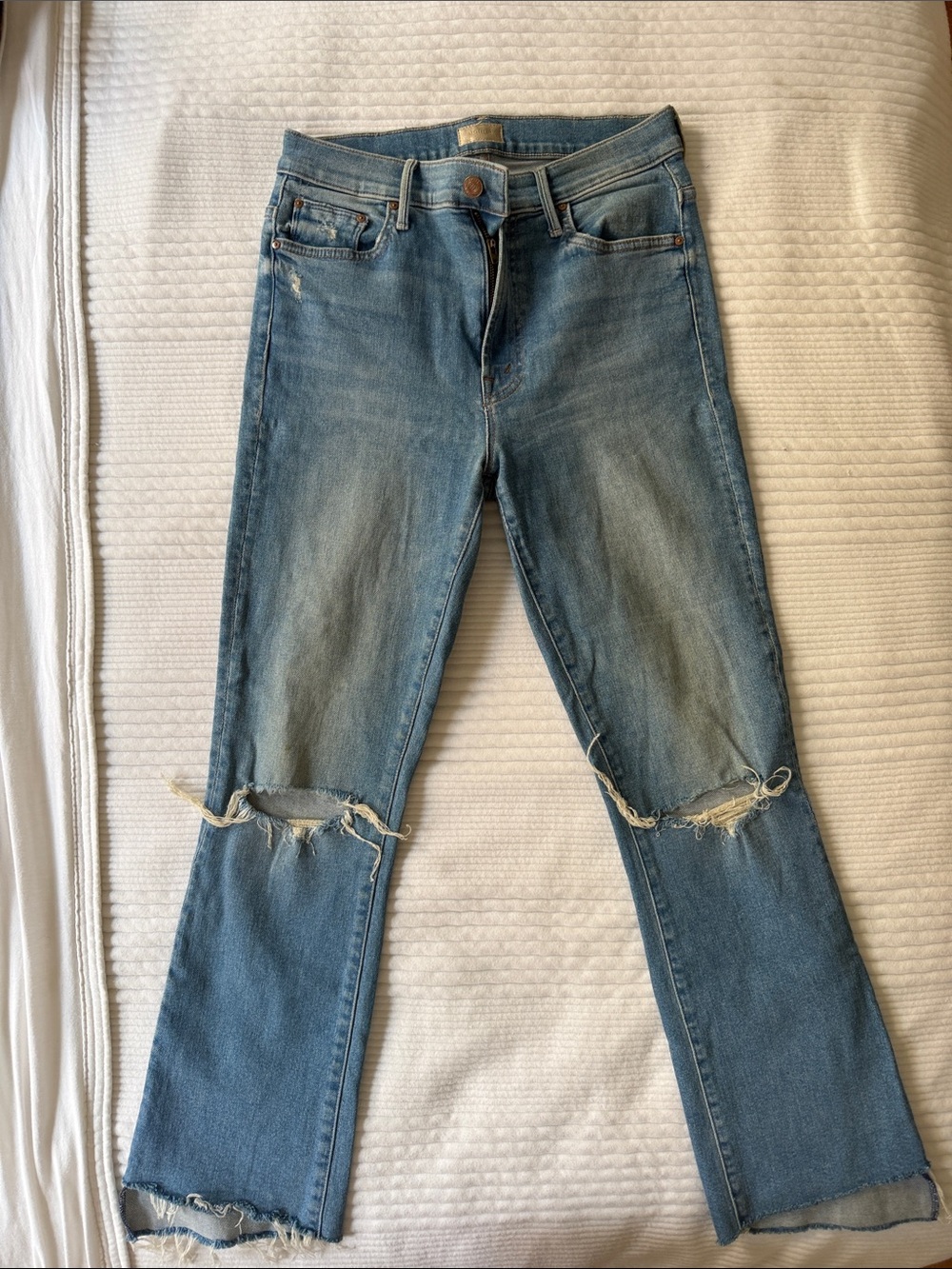 MOTHER Blue Distressed Knee-Rip Flare Jeans